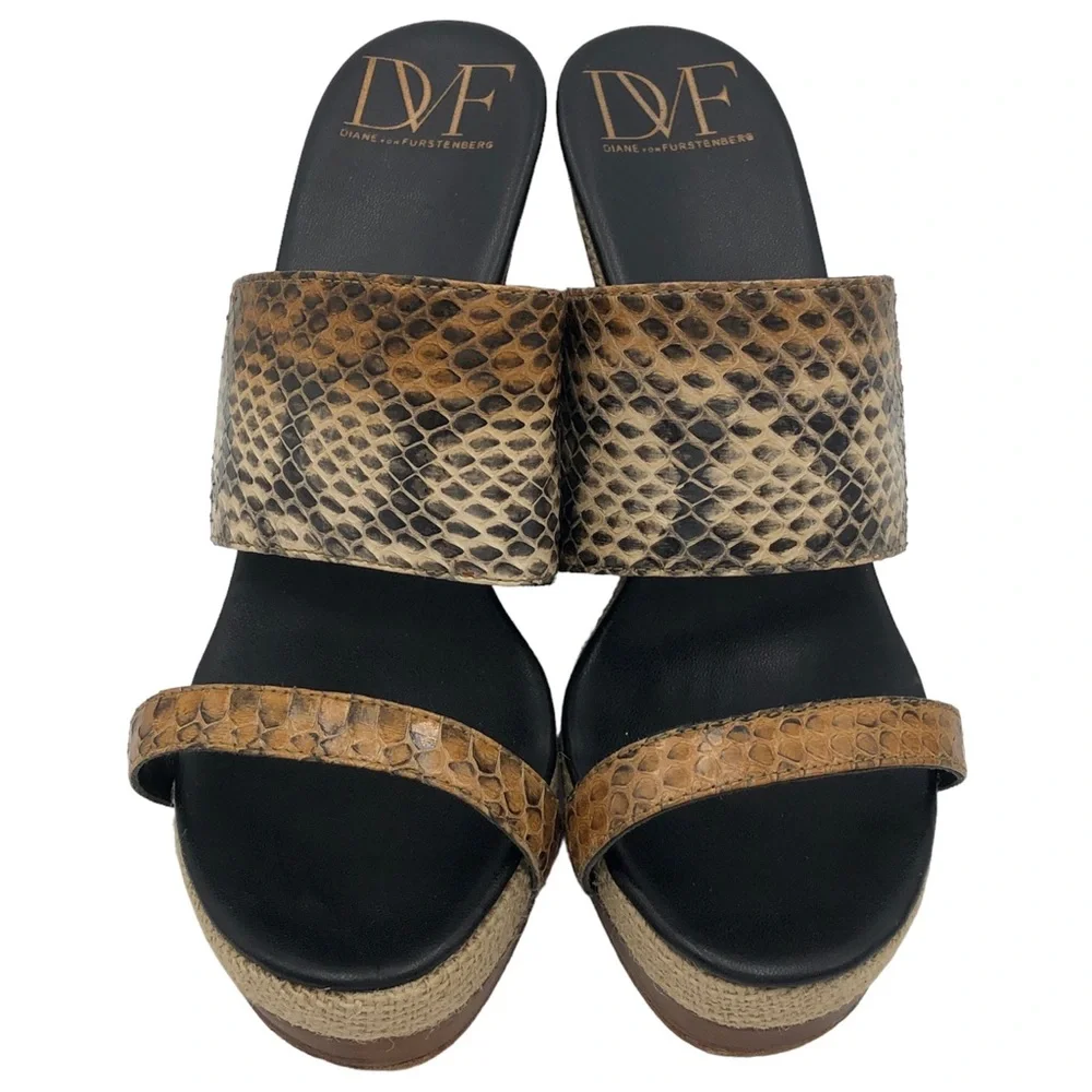 Diane Von Furstenberg Snakeskin Print Wood Wedge Platform Sandals Size 7.5